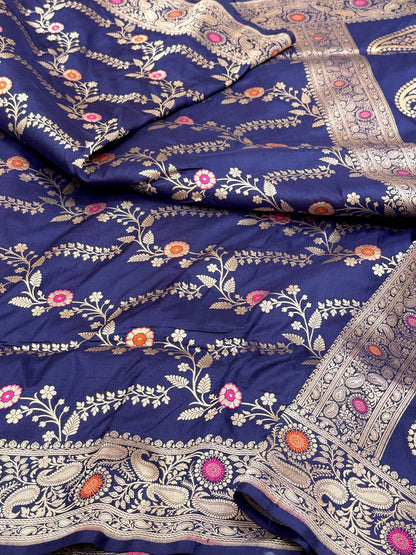 Navy Blue Pure Katan Mulberry Silk Handloom Banarasi Saree | Banarasi Jangla Saree