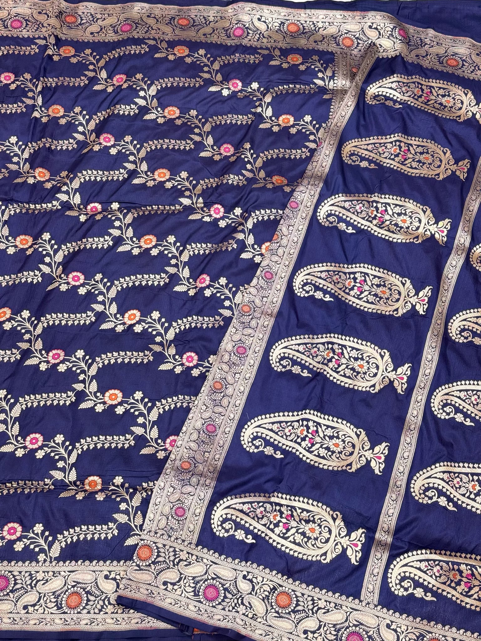 Navy Blue Pure Katan Mulberry Silk Handloom Banarasi Saree | Banarasi Jangla Saree
