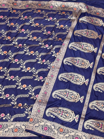 Navy Blue Pure Katan Mulberry Silk Handloom Banarasi Saree | Banarasi Jangla Saree
