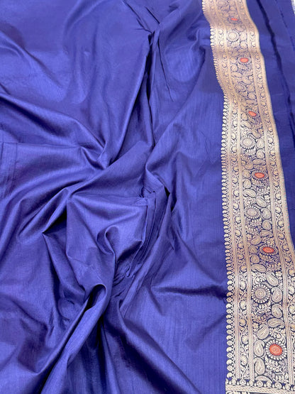 Navy Blue Pure Katan Mulberry Silk Handloom Banarasi Saree | Banarasi Jangla Saree