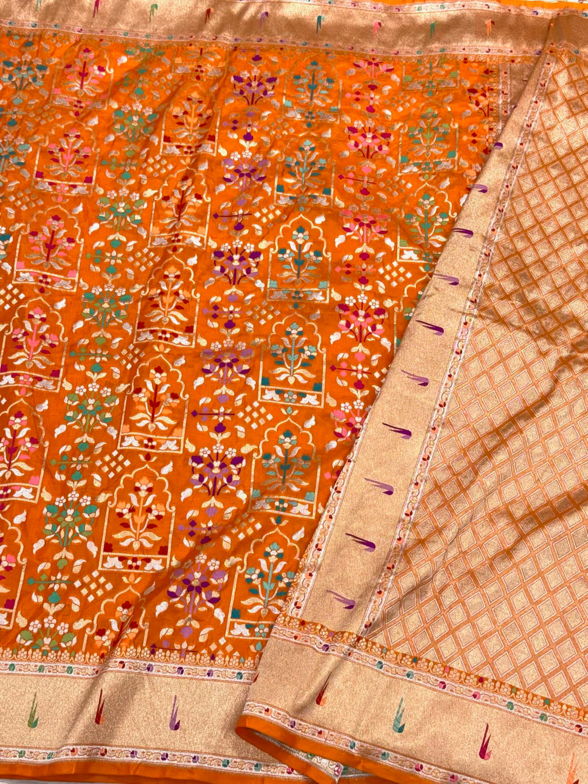 Orange Pure Mulberry Silk Saree | Pure Katan Silk Jamdani Inspired Saree