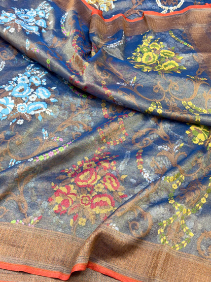 Blue Pure Tissue Silk | Pure Cotton Tissue Jamdani Handloom Modern Banarasi Lightweight Saree