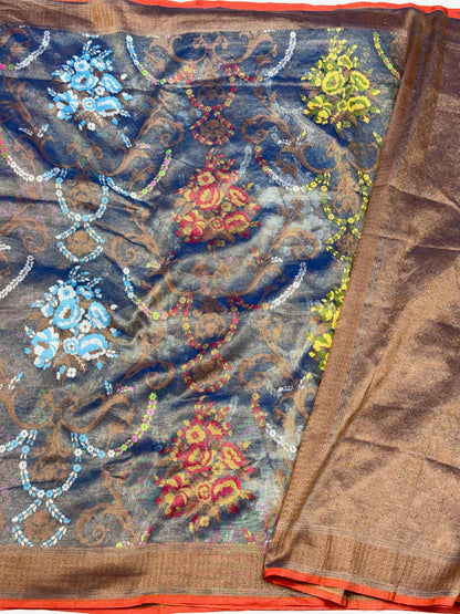 Blue Pure Tissue Silk | Pure Cotton Tissue Jamdani Handloom Modern Banarasi Lightweight Saree