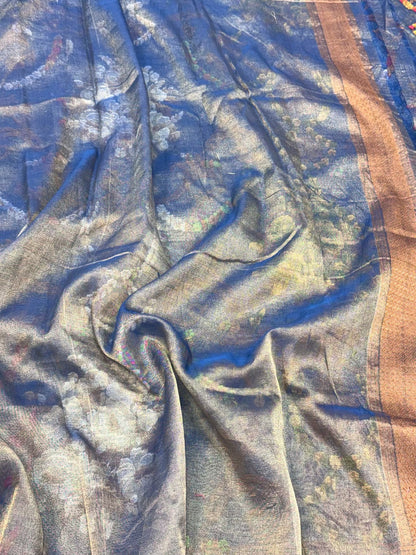 Blue Pure Tissue Silk | Pure Cotton Tissue Jamdani Handloom Modern Banarasi Lightweight Saree