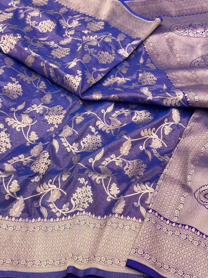 Blue Pure Kora & Tissue Silk Handloom Banarasi Saree - Lightweight Banarasi Saree