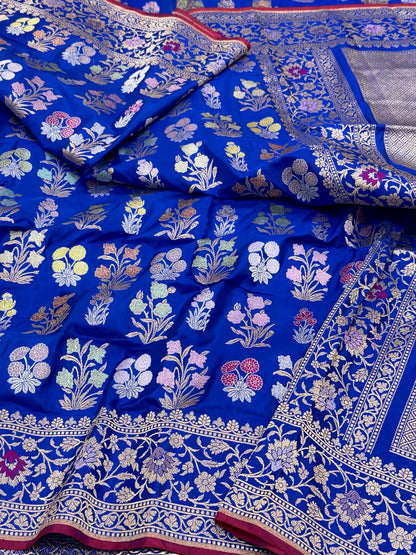 Royal Blue Banarasi Pure Double Katan Mulberry Silk Handwoven Modern Saree | Kadhwa Technique