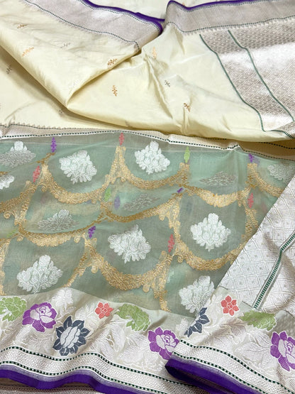 Pastel Yellow Pure Katan Mulberry Silk Handwoven Banarasi | Kadhwa + Kadhiyal Technique | Banarasi Saree - Kora Skirt
