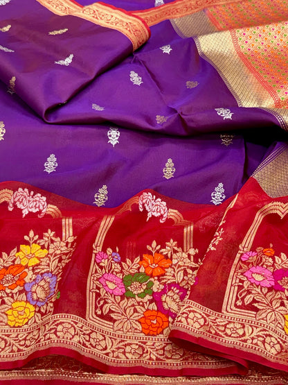 Purple Pure Katan Mulberry Silk Handwoven | Kadhwa + Kadhiyal Technique | Elegant Lightweight Banarasi Saree