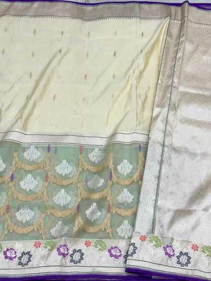 Pastel Yellow Pure Katan Mulberry Silk Handwoven Banarasi | Kadhwa + Kadhiyal Technique | Banarasi Saree - Kora Skirt