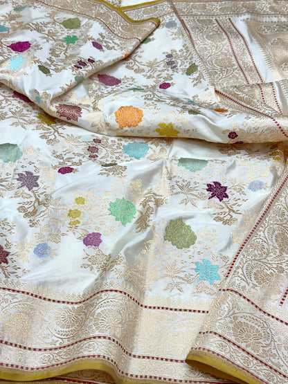 Off White Handwoven Banarasi | Kadhwa Technique | Pure Double Katan Mulberry Silk Saree - A New Era Of Elegance