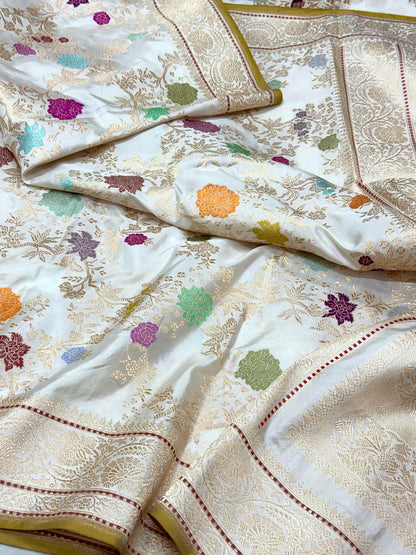 Off White Handwoven Banarasi | Kadhwa Technique | Pure Double Katan Mulberry Silk Saree - A New Era Of Elegance