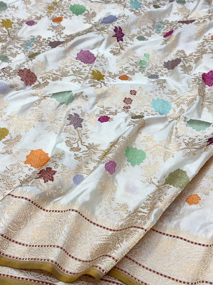 Off White Handwoven Banarasi | Kadhwa Technique | Pure Double Katan Mulberry Silk Saree - A New Era Of Elegance