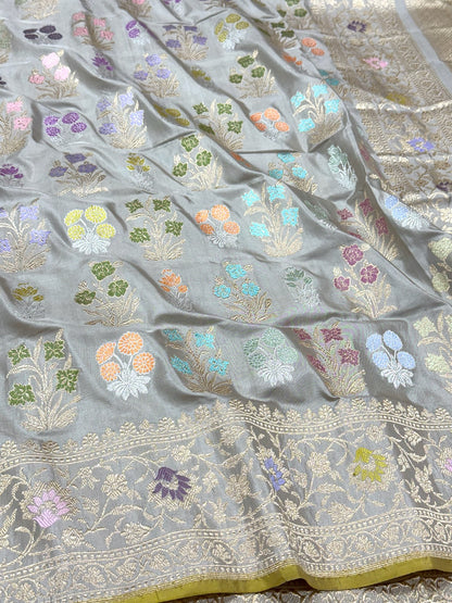 Steel Grey Banarasi Pure Double Katan Mulberry Silk Handwoven Modern Saree | Kadhwa Technique