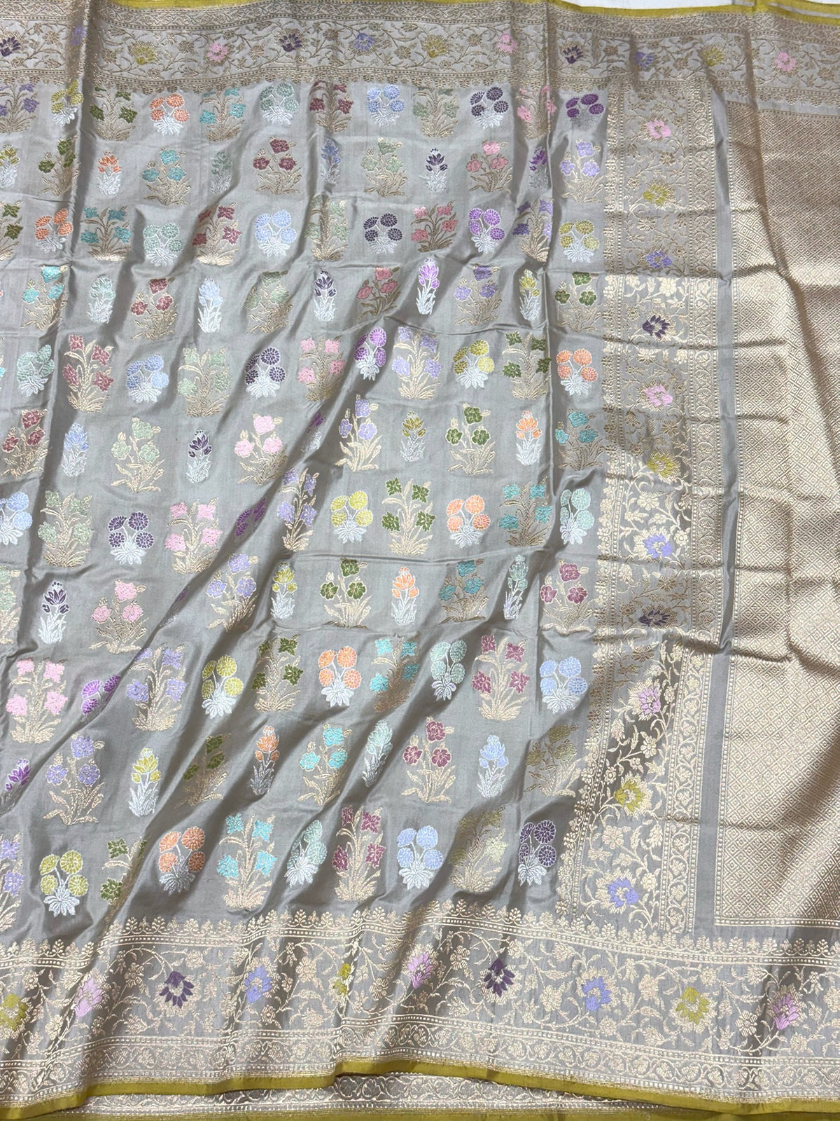 Steel Grey Banarasi Pure Double Katan Mulberry Silk Handwoven Modern Saree | Kadhwa Technique
