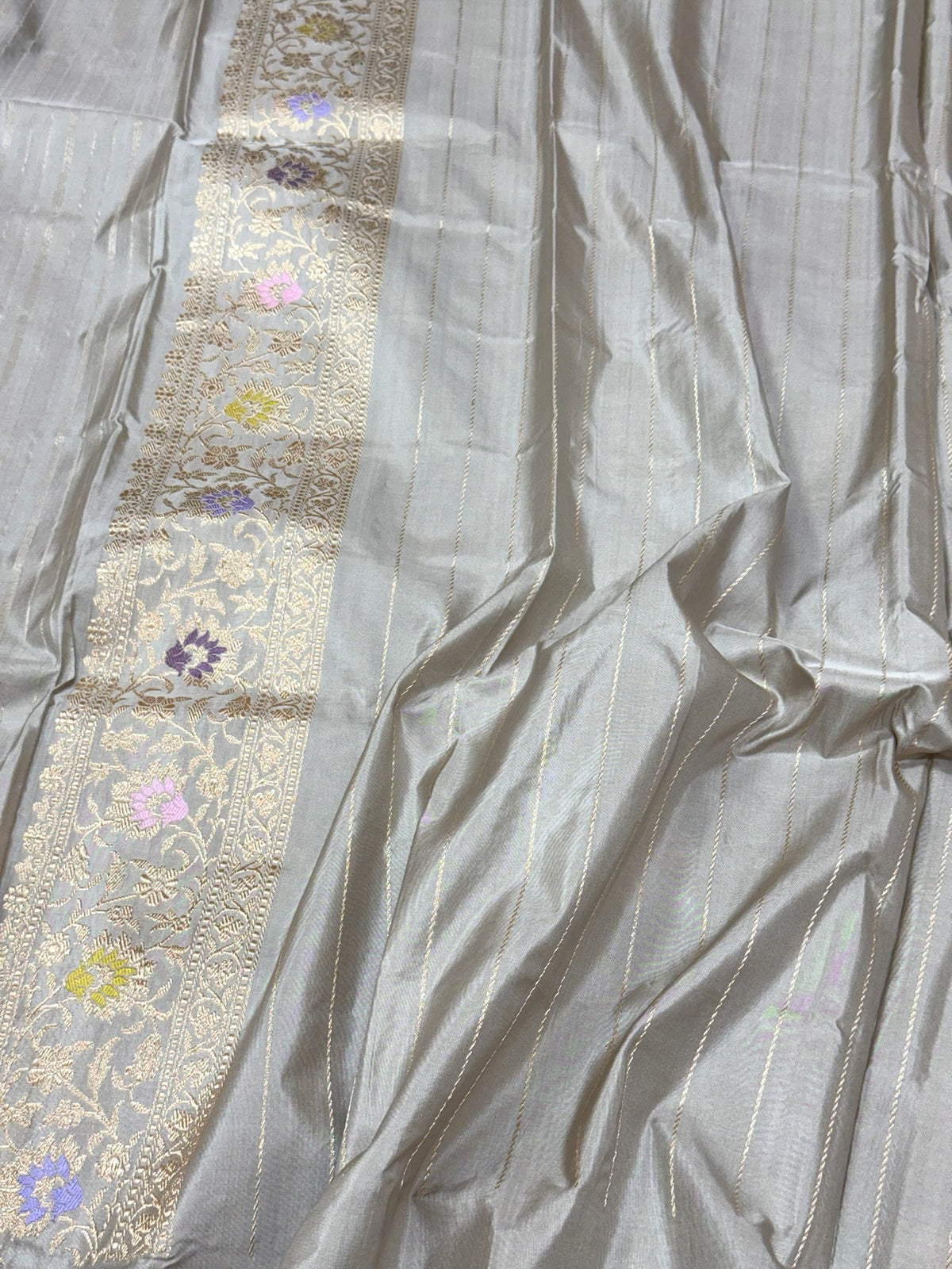 Steel Grey Banarasi Pure Double Katan Mulberry Silk Handwoven Modern Saree | Kadhwa Technique