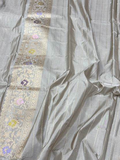 Steel Grey Banarasi Pure Double Katan Mulberry Silk Handwoven Modern Saree | Kadhwa Technique
