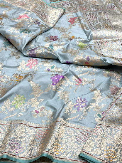 Dusty Blue Luxury Banarasi Saree | Pure Mulberry Silk & Pure Double Katan Silk - Kadhwa Technique Banarasi Saree - The Luxe Edit