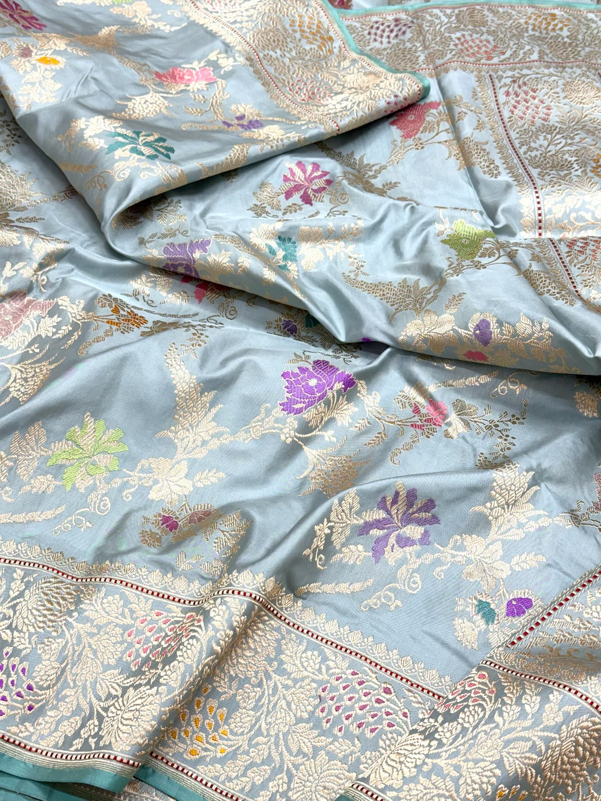 Dusty Blue Luxury Banarasi Saree | Pure Mulberry Silk & Pure Double Katan Silk - Kadhwa Technique Banarasi Saree - The Luxe Edit