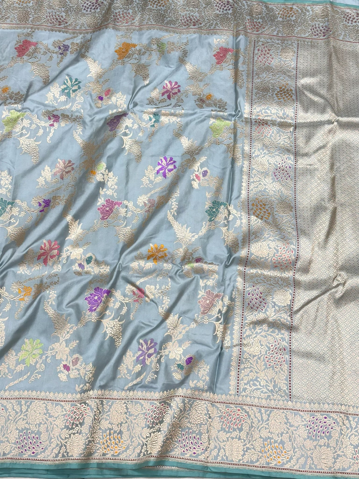 Dusty Blue Luxury Banarasi Saree | Pure Mulberry Silk & Pure Double Katan Silk - Kadhwa Technique Banarasi Saree - The Luxe Edit