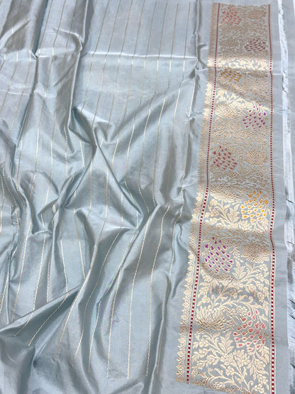 Dusty Blue Luxury Banarasi Saree | Pure Mulberry Silk & Pure Double Katan Silk - Kadhwa Technique Banarasi Saree - The Luxe Edit