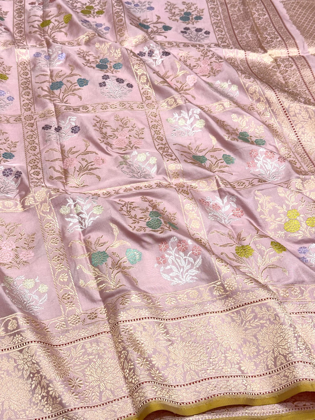 Baby Pink Pure Mulberry Double Katan Silk | Kadhwa Technique | Handwoven Banarasi Saree - The Luxury Drape