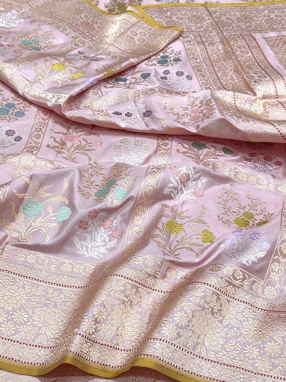 Baby Pink Pure Mulberry Double Katan Silk | Kadhwa Technique | Handwoven Banarasi Saree - The Luxury Drape