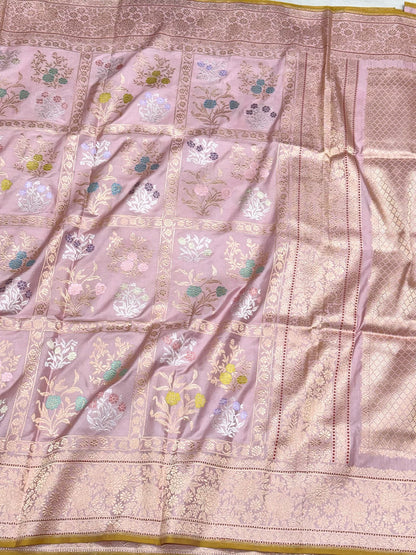 Baby Pink Pure Mulberry Double Katan Silk | Kadhwa Technique | Handwoven Banarasi Saree - The Luxury Drape