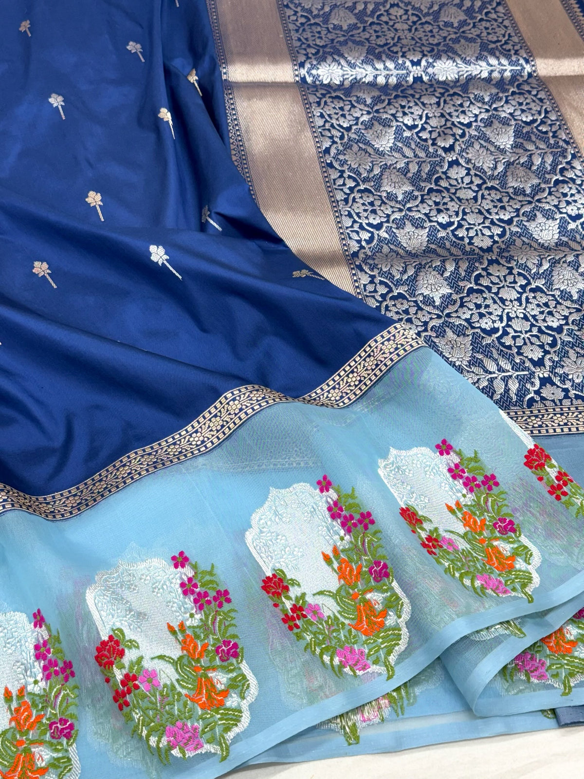 German Blue Pure Katan Mulberry Silk Handwoven Banarasi Saree | Kadhwa + Kadhiyal Kora Skirt Border