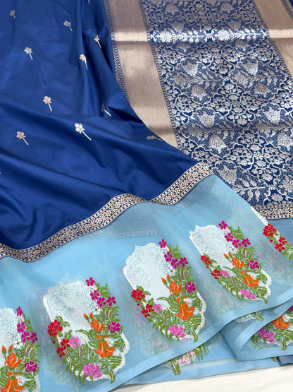 German Blue Pure Katan Mulberry Silk Handwoven Banarasi Saree | Kadhwa + Kadhiyal Kora Skirt Border