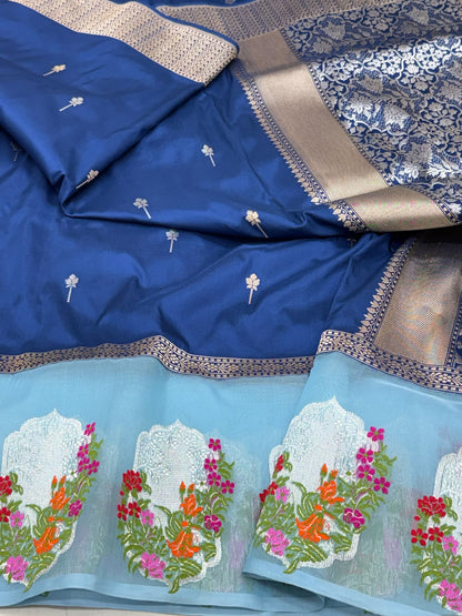 German Blue Pure Katan Mulberry Silk Handwoven Banarasi Saree | Kadhwa + Kadhiyal Kora Skirt Border