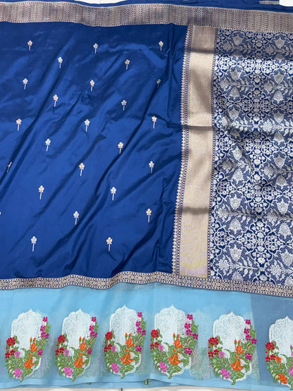 German Blue Pure Katan Mulberry Silk Handwoven Banarasi Saree | Kadhwa + Kadhiyal Kora Skirt Border