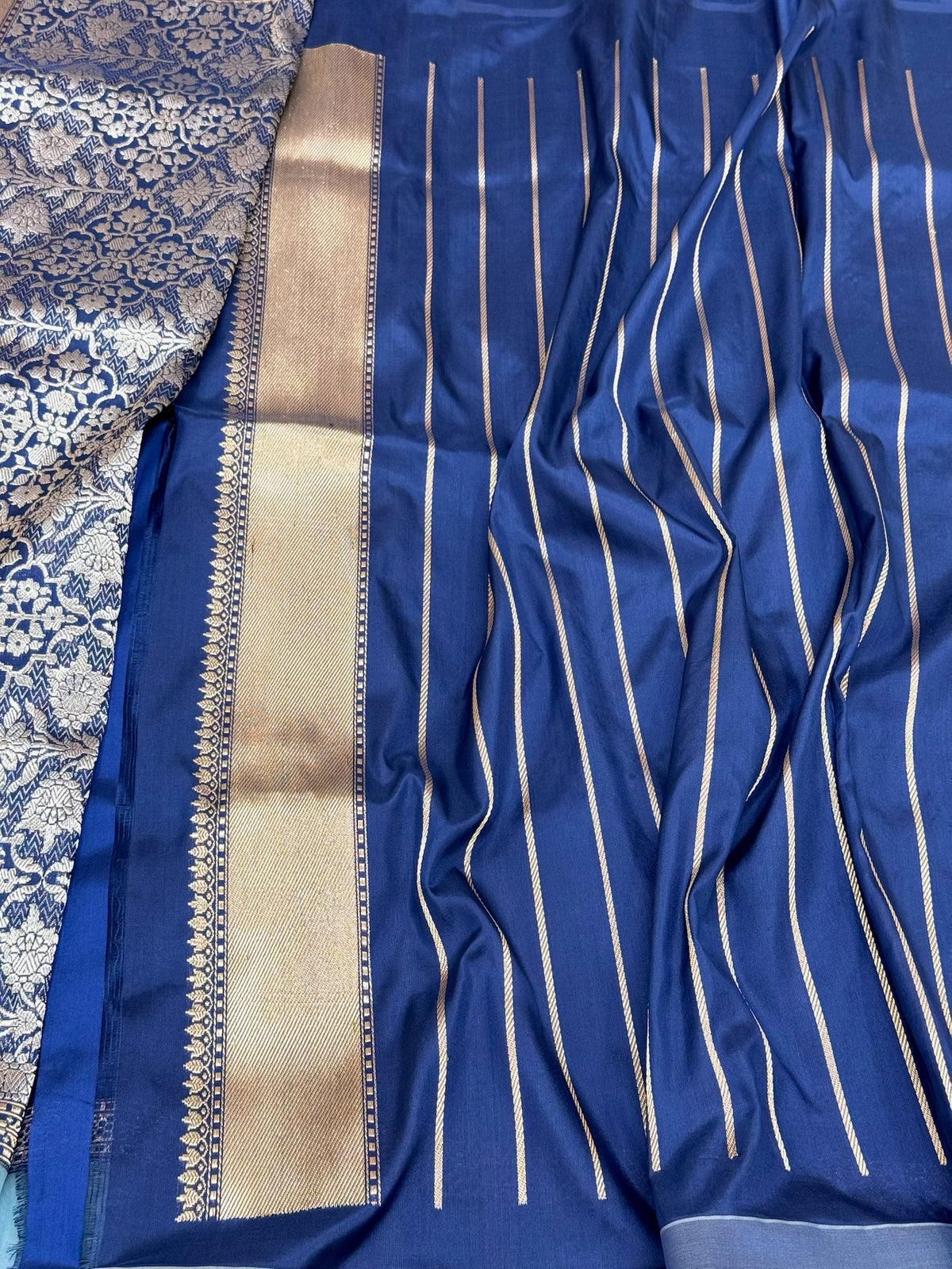 German Blue Pure Katan Mulberry Silk Handwoven Banarasi Saree | Kadhwa + Kadhiyal Kora Skirt Border