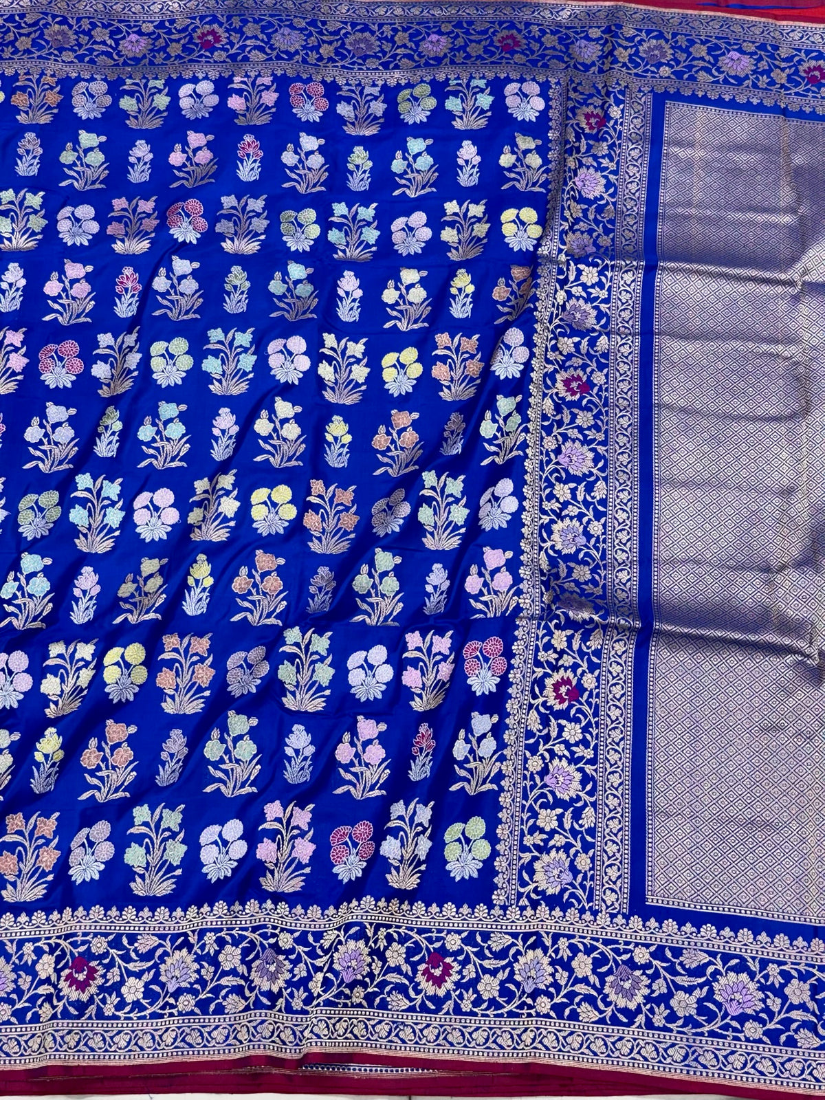 Royal Blue Banarasi Pure Double Katan Mulberry Silk Handwoven Modern Saree | Kadhwa Technique