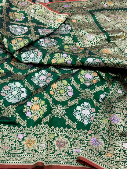 Bottle Green Pure Double Mulberry Katan Silk | Kadhwa Technique | Handwoven Banarasi Saree - New Era Of Saree Glamour