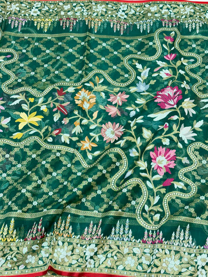 Emerald Green Pure Kora Organza Silk Handloom Contemporary Banarasi Ektara Jamdani Saree - The Couture Drape