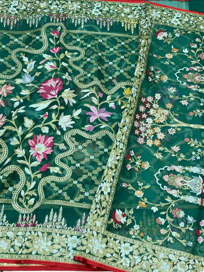 Emerald Green Pure Kora Organza Silk Handloom Contemporary Banarasi Ektara Jamdani Saree - The Couture Drape