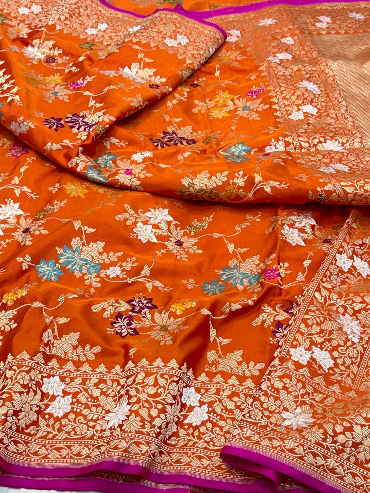 Orange Handwoven Banarasi Pure Mulberry Katan Silk Saree | Kadhwa Techinque Premium Banarasi Luxury Saree