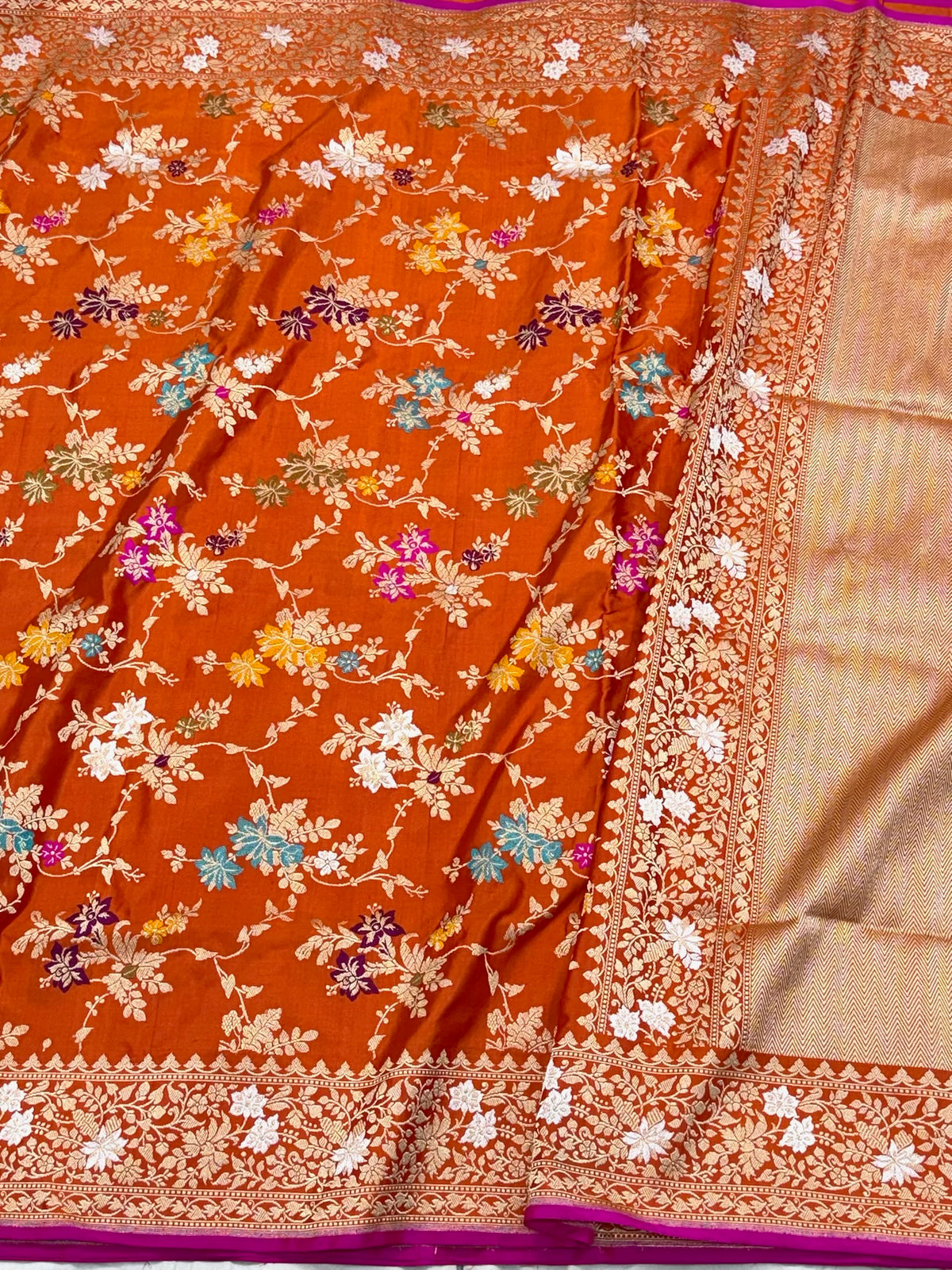 Orange Handwoven Banarasi Pure Mulberry Katan Silk Saree | Kadhwa Techinque Premium Banarasi Luxury Saree