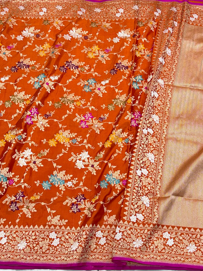 Orange Handwoven Banarasi Pure Mulberry Katan Silk Saree | Kadhwa Techinque Premium Banarasi Luxury Saree