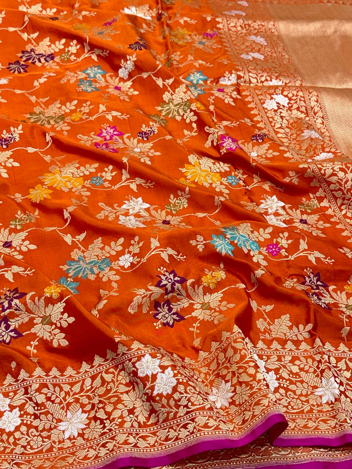 Orange Handwoven Banarasi Pure Mulberry Katan Silk Saree | Kadhwa Techinque Premium Banarasi Luxury Saree