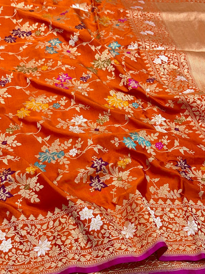 Orange Handwoven Banarasi Pure Mulberry Katan Silk Saree | Kadhwa Techinque Premium Banarasi Luxury Saree