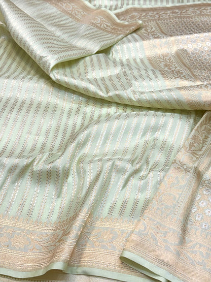 Light Pista Green Pure Katan Mulberry Silk Handwoven | Kadhwa Technique | Contemporary Banarasi Saree