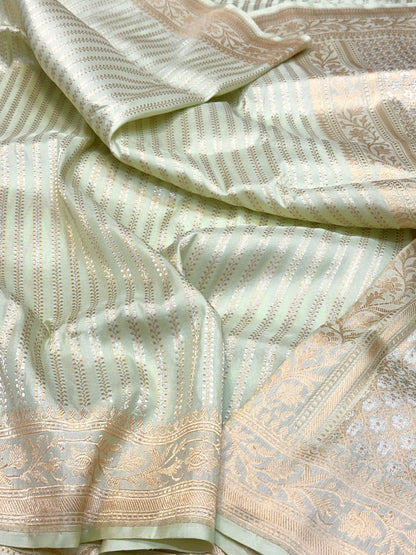 Light Pista Green Pure Katan Mulberry Silk Handwoven | Kadhwa Technique | Contemporary Banarasi Saree