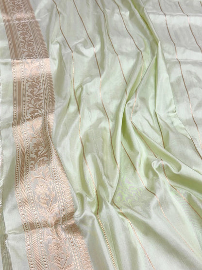 Light Pista Green Pure Katan Mulberry Silk Handwoven | Kadhwa Technique | Contemporary Banarasi Saree